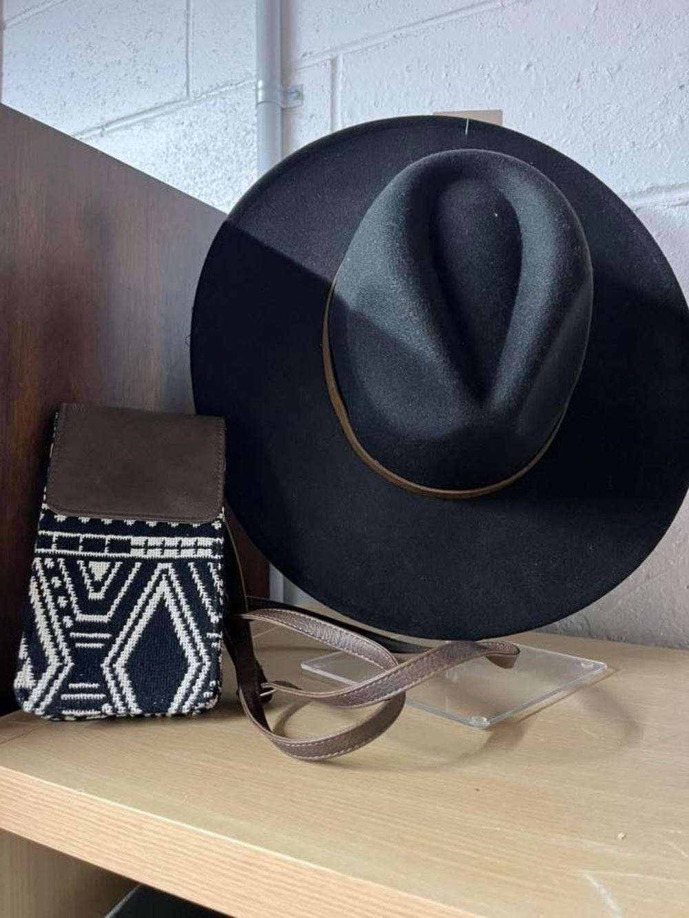 Black & White Geometric Crossbody Bag with Brown Leather Trim